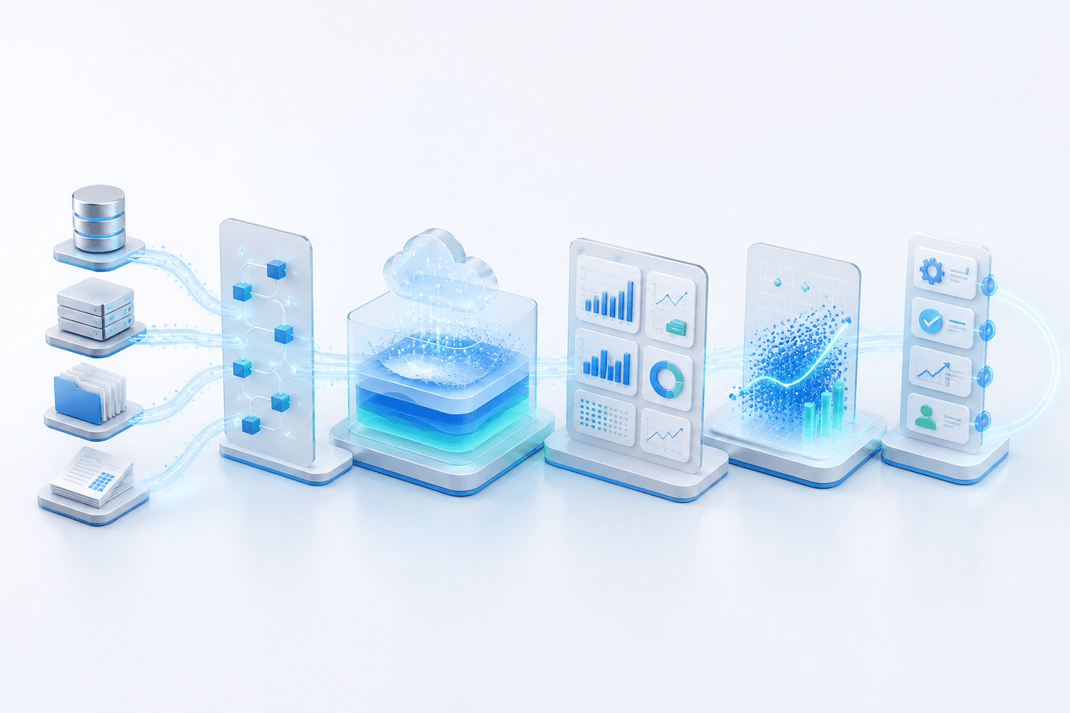 Enterprise data moving from source systems through a cloud platform into analytics, prediction, and automated action